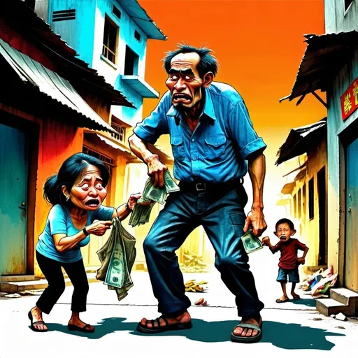 Prompt: Caricature of a city in economic hardship, 3 characters: man black market official man and his young escort hot girlfriend robbing - pulling money from a poor elderly beggar woman, satirical, exaggerated features, sketch-like, gritty urban feel, distressed expressions, vibrant colors, dramatic lighting, chaotic composition, Vietnam, caricature, urban, economic hardship, satirical, sketch-like, gritty, distressed, vibrant colors, dramatic lighting, chaotic