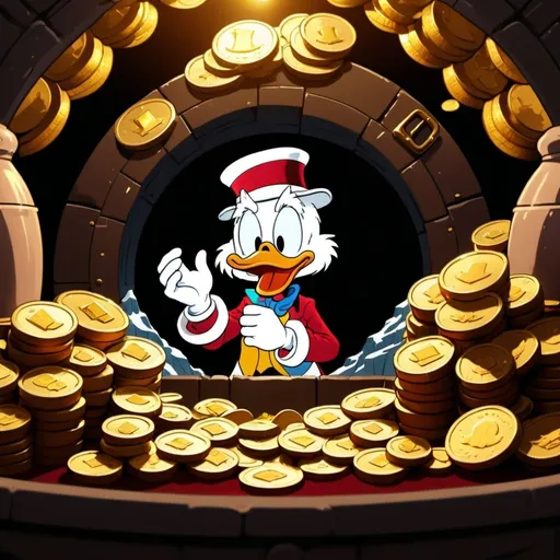 Prompt: Scrooge McDuck and his gold coins mountain in his vault, traditional 2D animation, detailed money bags and coins, rich color palette, warm lighting, classic cartoon style, nostalgic, high quality, vibrant colors, classic animation, detailed facial expressions, traditional animation, rich and warm tones, nostalgic lighting