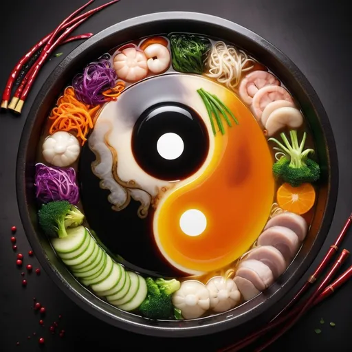 Prompt: Giant yin yang hotpot, steaming broth with swirling patterns, oversized ingredients, vibrant and aromatic, high quality, digital art, food illustration, warm tones, dramatic lighting, ultra-detailed, savory aroma, yin yang symbol, artistic rendering, mouthwatering, rich and vibrant colors, mesmerizing visual feast, intricate ingredients, attention to detail, delicious display, visually stunning, inviting warmth