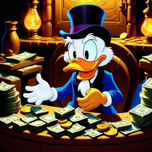 Prompt: Scrooge McDuck counting money in his vault, traditional 2D animation, detailed money bags and coins, rich color palette, warm lighting, classic cartoon style, nostalgic, high quality, vibrant colors, classic animation, detailed facial expressions, traditional animation, rich and warm tones, nostalgic lighting