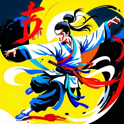 Prompt: Drunken first Vincent Xiao wuxia character,飞身, high jumping，balanced jumping, jumping kicks, 轻功，武侠漫画 swifting soccer footwork, traditional ink painting, dynamic drunk fighting stance, bold brushstrokes, high contrast, vibrant colors, dramatic lighting, detailed clothing and accessories, traditional Chinese art style, high quality, ink painting, wuxia, dynamic pose, vibrant colors, dramatic lighting, detailed attire