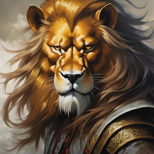 Prompt: <mymodel> Majestic lion, oil painting, golden mane flowing, intense and piercing gaze, detailed whiskers, regal posture, high resolution, realistic, rich and warm tones, dramatic lighting