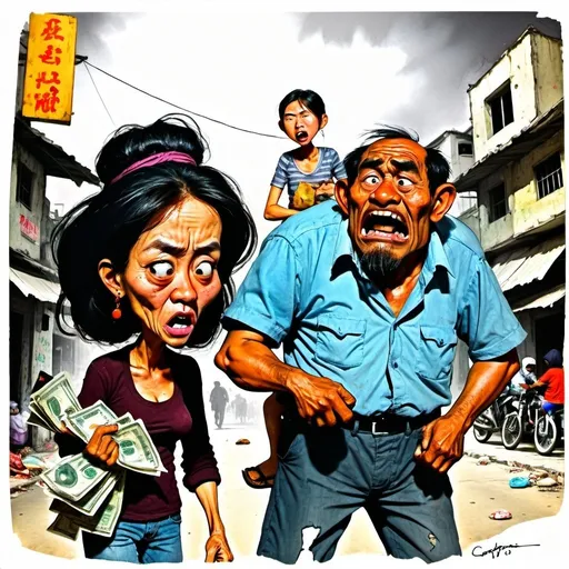 Prompt: Caricature of a city in economic hardship, 3 characters: man black market official man and his young escort hot girlfriend robbing money from a poor elderly beggar woman, satirical, exaggerated features, sketch-like, gritty urban feel, distressed expressions, vibrant colors, dramatic lighting, chaotic composition, Vietnam, caricature, urban, economic hardship, satirical, sketch-like, gritty, distressed, vibrant colors, dramatic lighting, chaotic