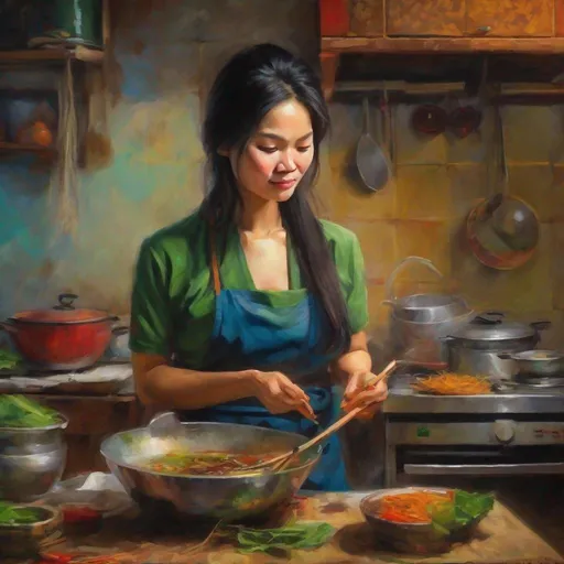 Prompt: Mid 30 wife cooking Vietnamese culinary cuisines, oil painting, traditional Vietnamese kitchen, vibrant colors, detailed facial features, high quality, realistic, warm tones, traditional, detailed hands, focused expression, cultural, atmospheric lighting