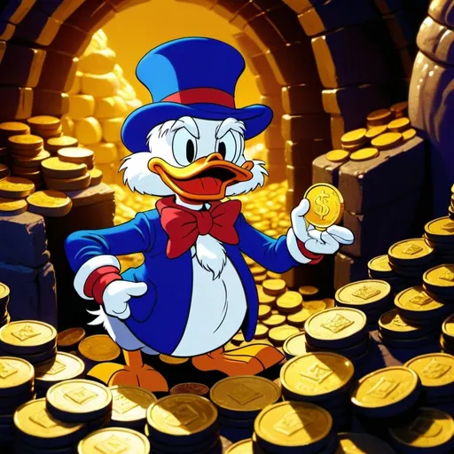 Disney-style illustration of scrooge mcduck with bit...