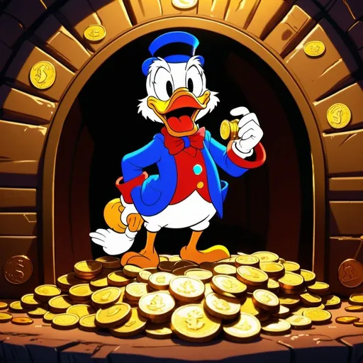 Prompt: Scrooge McDuck and his gold coins mountain in his vault, traditional 2D animation, detailed money bags and coins, rich color palette, warm lighting, classic cartoon style, nostalgic, high quality, vibrant colors, classic animation, detailed facial expressions, traditional animation, rich and warm tones, nostalgic lighting