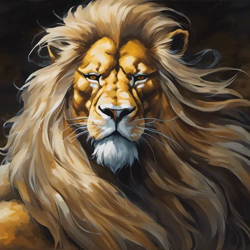 Prompt: <mymodel> Majestic lion, oil painting, golden mane flowing, intense and piercing gaze, detailed whiskers, regal posture, high resolution, realistic, rich and warm tones, dramatic lighting