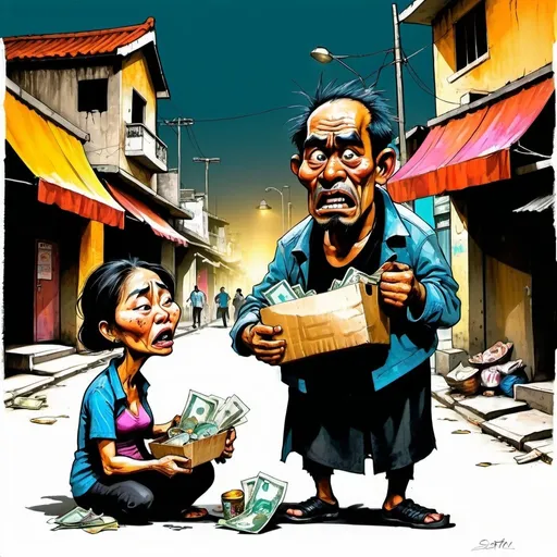 Prompt: Caricature of a city in economic hardship, 3 characters: man black market official man and his young escort hot girlfriend robbing money from a poor elderly beggar woman, satirical, exaggerated features, sketch-like, gritty urban feel, distressed expressions, vibrant colors, dramatic lighting, chaotic composition, Vietnam, caricature, urban, economic hardship, satirical, sketch-like, gritty, distressed, vibrant colors, dramatic lighting, chaotic