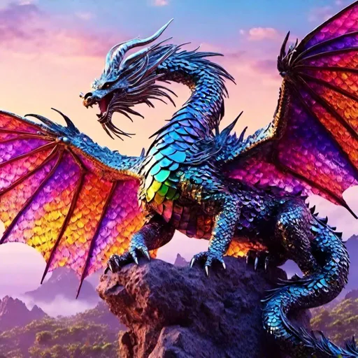 Prompt: <mymodel> Majestic fantasy dragon, scales shimmering in iridescent colors, soaring through a vibrant mystical landscape, 4k ultra-detailed, fantasy, vibrant colors, detailed scales, majestic wings, mystical landscape, high quality, atmospheric lighting