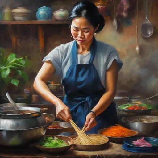 Prompt: Mid 30 wife cooking Vietnamese culinary cuisines, oil painting, traditional Vietnamese kitchen, vibrant colors, detailed facial features, high quality, realistic, warm tones, traditional, detailed hands, focused expression, cultural, atmospheric lighting