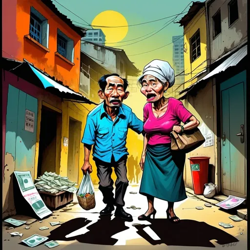 Prompt: Caricature of a city in economic hardship, man black market official man and his escort hot girlfriend robbing money from a poor elderly beggar woman, satirical, exaggerated features, sketch-like, gritty urban feel, distressed expressions, vibrant colors, dramatic lighting, chaotic composition, Vietnam, caricature, urban, economic hardship, satirical, sketch-like, gritty, distressed, vibrant colors, dramatic lighting, chaotic