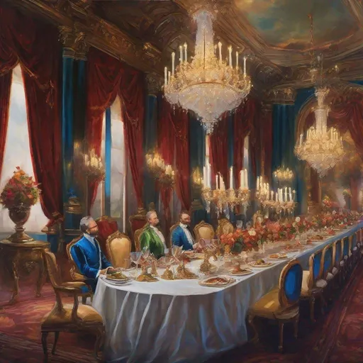 Prompt: Royalty dinner, oil painting, opulent banquet table, regal attire, exquisite chandeliers, high-end dinnerware, luxurious decor, rich color palette, intricate details, aristocratic ambiance, lavish, grandiose, majestic, noble, oil painting, regal attire, opulent, luxurious, rich colors, detailed, aristocratic ambiance, professional lighting