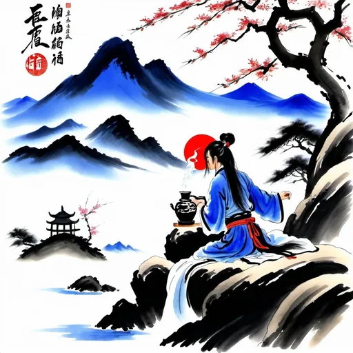 Prompt: Carefree wuxia warrior enjoying a drink, traditional Chinese ink painting, flowing robes and hair, serene mountain setting, high quality, detailed ink painting, wuxia, traditional, carefree, flowing robes, serene, peaceful, tranquil, detailed hair, mountain setting, professional, artistic lighting
