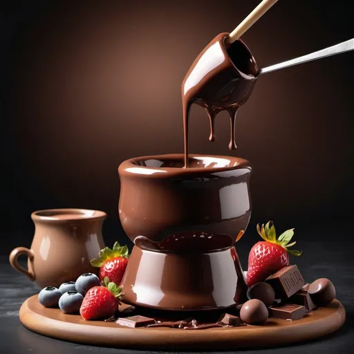 Prompt: Chocolate fondue, rich and glossy texture, decadent aroma, high-res, high-quality, realistic, warm and inviting lighting, indulgent dessert, flowing chocolate, creamy consistency, delectable treat, elegant presentation, mouth-watering, luxurious, dark and milk chocolate, smooth and velvety, alluring, tempting, luscious dessert