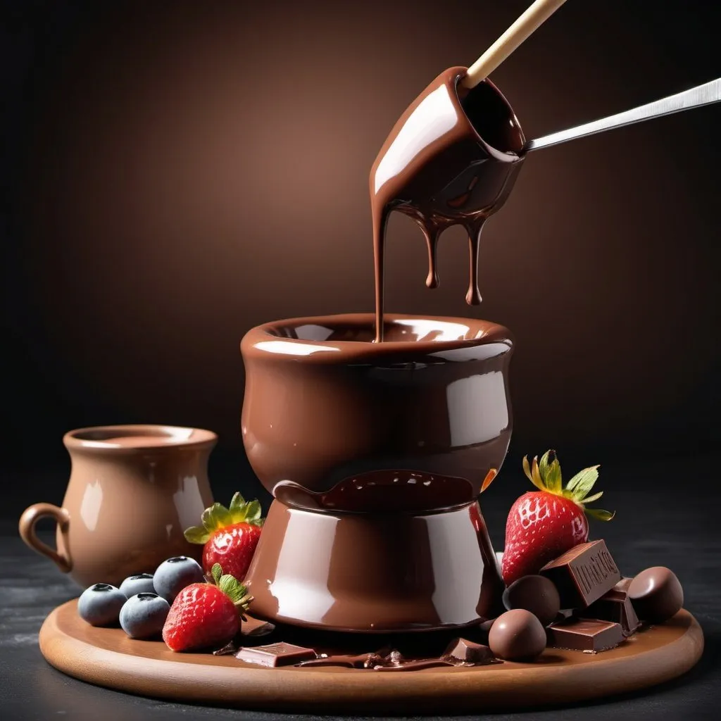 Prompt: Chocolate fondue, rich and glossy texture, decadent aroma, high-res, high-quality, realistic, warm and inviting lighting, indulgent dessert, flowing chocolate, creamy consistency, delectable treat, elegant presentation, mouth-watering, luxurious, dark and milk chocolate, smooth and velvety, alluring, tempting, luscious dessert