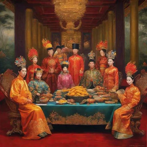 Prompt: The Vietnamese emperor's banquet, traditional oil painting, opulent royal court setting, vibrant traditional costumes, rich and detailed cultural decorations, high quality, realistic, opulent, traditional oil painting, vibrant colors, warm lighting, opulent feast, detailed table settings, grand cultural display, regal ambiance, intricate culinary details, lavish royal attire, rich and vibrant color palette, realistic textures, ornate embellishments, traditional Vietnamese decor, majestic lighting