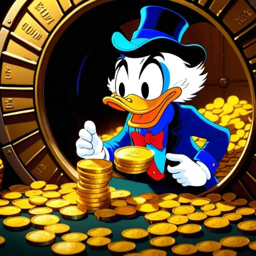 Prompt: Scrooge McDuck and his gold coins mountain in his vault, traditional 2D animation, detailed money bags and coins, rich color palette, warm lighting, classic cartoon style, nostalgic, high quality, vibrant colors, classic animation, detailed facial expressions, traditional animation, rich and warm tones, nostalgic lighting