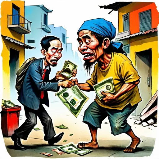 Prompt: Caricature of a city in economic hardship, man black market official man robbing money from a poor beggar woman, satirical, exaggerated features, sketch-like, gritty urban feel, distressed expressions, vibrant colors, dramatic lighting, chaotic composition, Vietnam, caricature, urban, economic hardship, satirical, sketch-like, gritty, distressed, vibrant colors, dramatic lighting, chaotic