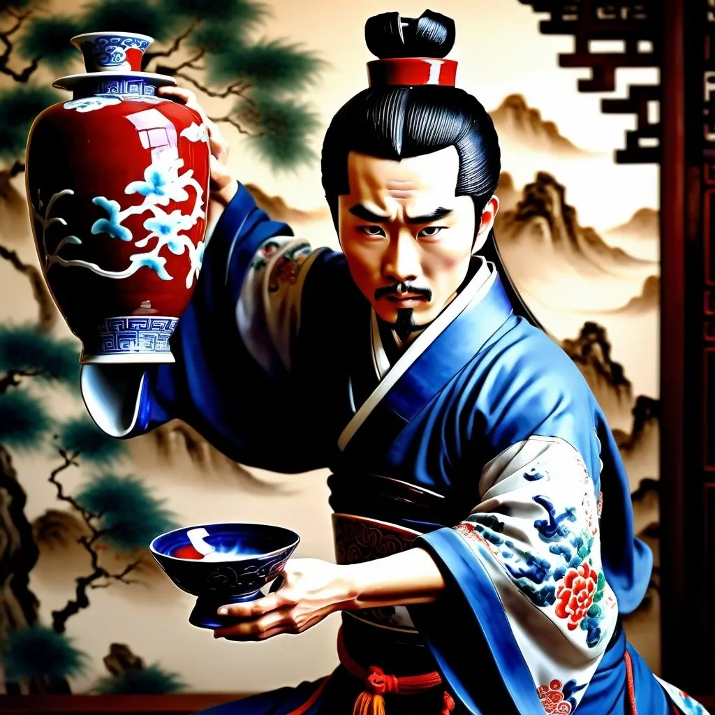 Prompt: Wuxia warrior consuming wine from a porcelain vase, intricate traditional attire, flowing robes, hairpin ornament, intense expression, ancient Chinese setting, dynamic action pose, high quality, traditional Chinese painting, rich warm tones, dramatic lighting, detailed facial features, ornate porcelain vase, dynamic movement, warrior spirit, action-packed scene