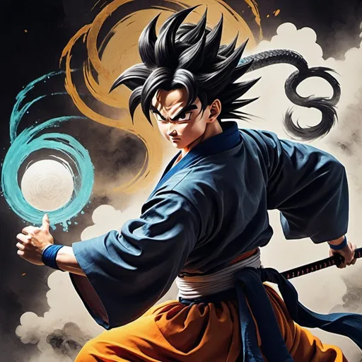 Prompt: Dragon Ball Z characters in Chinese wuxia  - Japanese bukyo setting, traditional ink painting style, vibrant colors, dynamic martial arts poses, mystical energy auras, detailed facial features, flowing traditional robes, high quality, ink painting, wuxia, vibrant colors, dynamic poses, energy auras, detailed features, traditional robes, epic battle scene, dramatic lighting