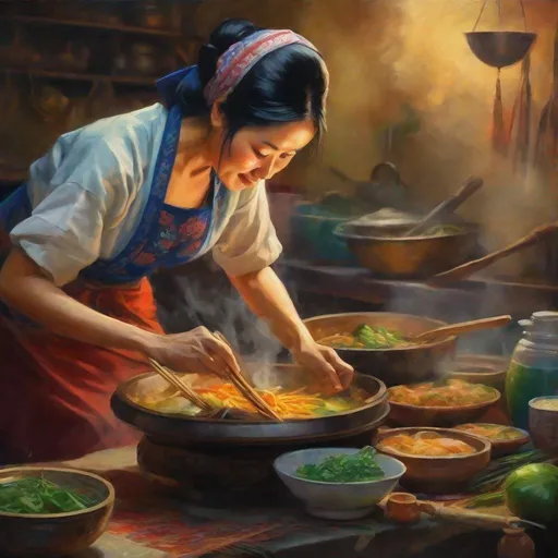 Prompt: Ancient scenario of Mid 30 wife cooking Vietnamese culinary cuisines, oil painting, traditional Vietnamese kitchen, vibrant colors, detailed facial features, high quality, realistic, warm tones, traditional, detailed hands, focused expression, cultural, atmospheric lighting