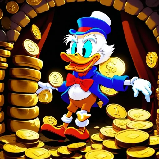 Prompt: Scrooge McDuck and his gold coins mountain in his vault, traditional 2D animation, detailed money bags and coins, rich color palette, warm lighting, classic cartoon style, nostalgic, high quality, vibrant colors, classic animation, detailed facial expressions, traditional animation, rich and warm tones, nostalgic lighting