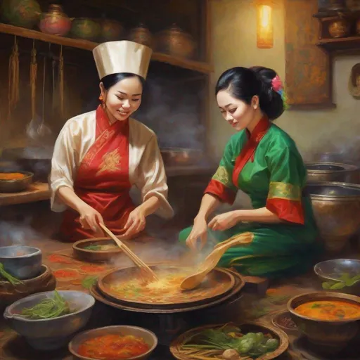 Prompt: Ancient scenario of royal family cooking, where Mid 30 queen cooking Vietnamese culinary cuisines, oil painting, traditional Vietnamese kitchen, vibrant colors, detailed facial features, high quality, realistic, warm tones, traditional, detailed hands, focused expression, cultural, atmospheric lighting