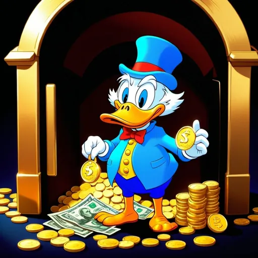 Prompt: Scrooge McDuck and his gold coins mountain in his vault, traditional 2D animation, detailed money bags and coins, rich color palette, warm lighting, classic cartoon style, nostalgic, high quality, vibrant colors, classic animation, detailed facial expressions, traditional animation, rich and warm tones, nostalgic lighting