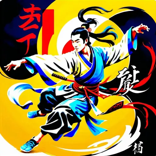 Prompt: Drunken first Vincent Xiao wuxia character,飞身, high jumping，balanced jumping, jumping kicks, 轻功，武侠漫画 swifting soccer footwork, traditional ink painting, dynamic drunk fighting stance, bold brushstrokes, high contrast, vibrant colors, dramatic lighting, detailed clothing and accessories, traditional Chinese art style, high quality, ink painting, wuxia, dynamic pose, vibrant colors, dramatic lighting, detailed attire