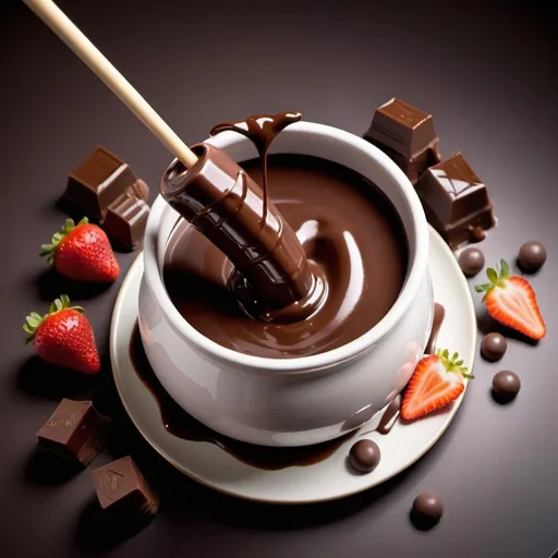Prompt: Chocolate fondue, rich and glossy texture, decadent aroma, high-res, high-quality, realistic, warm and inviting lighting, indulgent dessert, flowing chocolate, creamy consistency, delectable treat, elegant presentation, mouth-watering, luxurious, dark and milk chocolate, smooth and velvety, alluring, tempting, luscious dessert