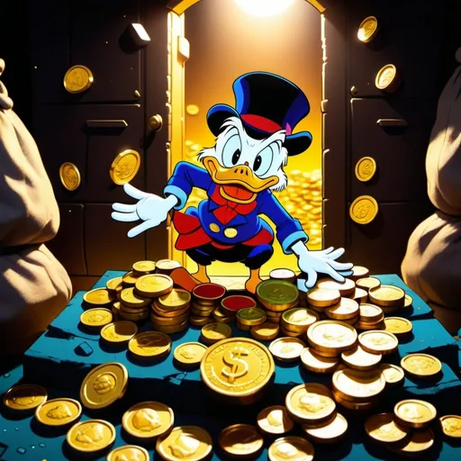 Prompt: Scrooge McDuck and his gold coins mountain in his vault, traditional 2D animation, detailed money bags and coins, rich color palette, warm lighting, classic cartoon style, nostalgic, high quality, vibrant colors, classic animation, detailed facial expressions, traditional animation, rich and warm tones, nostalgic lighting