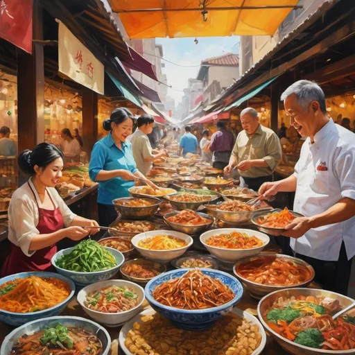 Prompt: Vibrant, mouth-watering feast in a bustling marketplace, oil painting, overflowing tables of colorful delicacies, rich textures and intricate details, high quality, realistic, lively, warm tones, natural lighting, bountiful, immersive, bustling atmosphere, savory aromas, bustling market, abundance of food, inviting, celebratory, joyful, asian delicacies 
