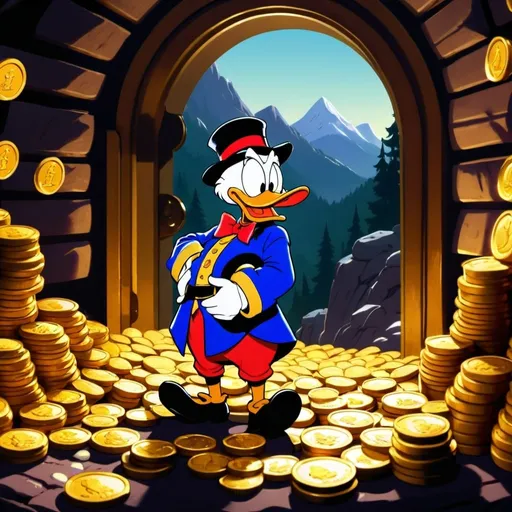 Prompt: Scrooge McDuck and his gold coins mountain in his vault, traditional 2D animation, detailed money bags and coins, rich color palette, warm lighting, classic cartoon style, nostalgic, high quality, vibrant colors, classic animation, detailed facial expressions, traditional animation, rich and warm tones, nostalgic lighting