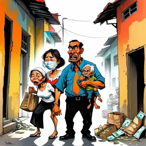 Prompt: Caricature of a city in economic hardship, 3 characters: man black market official man and his young escort hot girlfriend robbing money from a poor elderly beggar woman, satirical, exaggerated features, sketch-like, gritty urban feel, distressed expressions, vibrant colors, dramatic lighting, chaotic composition, Vietnam, caricature, urban, economic hardship, satirical, sketch-like, gritty, distressed, vibrant colors, dramatic lighting, chaotic