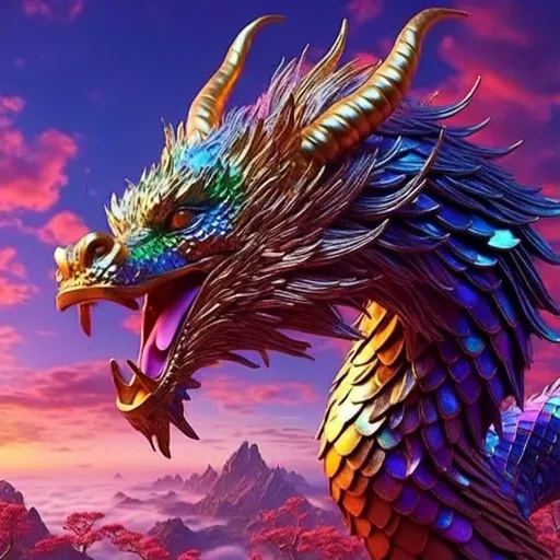 Prompt: <mymodel> Majestic fantasy dragon, scales shimmering in iridescent colors, soaring through a vibrant mystical landscape, 4k ultra-detailed, fantasy, vibrant colors, detailed scales, majestic wings, mystical landscape, high quality, atmospheric lighting