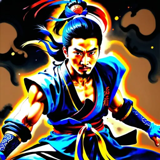 Prompt: Drunken first Vincent Xiao wuxia character,飞身, high jumping，balanced jumping, jumping kicks, 轻功，武侠漫画 swifting soccer footwork, traditional ink painting, dynamic drunk fighting stance, bold brushstrokes, high contrast, vibrant colors, dramatic lighting, detailed clothing and accessories, traditional Chinese art style, high quality, ink painting, wuxia, dynamic pose, vibrant colors, dramatic lighting, detailed attire