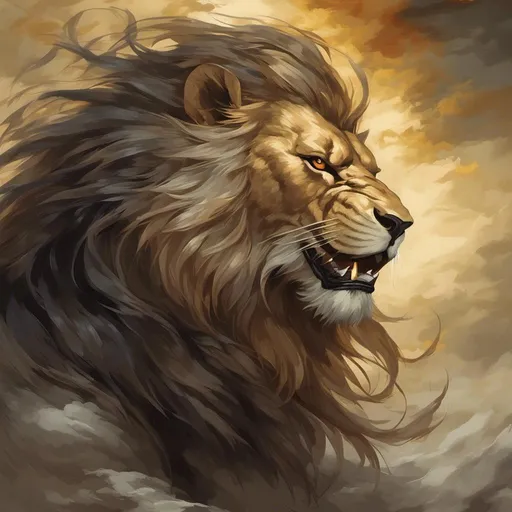 Prompt: <mymodel> Majestic lion, oil painting, golden mane flowing, intense and piercing gaze, detailed whiskers, regal posture, high resolution, realistic, rich and warm tones, dramatic lighting