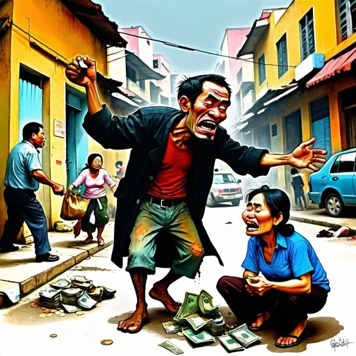 Prompt: Caricature of a city in economic hardship, man black market official man robbing money from a poor beggar woman, satirical, exaggerated features, sketch-like, gritty urban feel, distressed expressions, vibrant colors, dramatic lighting, chaotic composition, Vietnam, caricature, urban, economic hardship, satirical, sketch-like, gritty, distressed, vibrant colors, dramatic lighting, chaotic