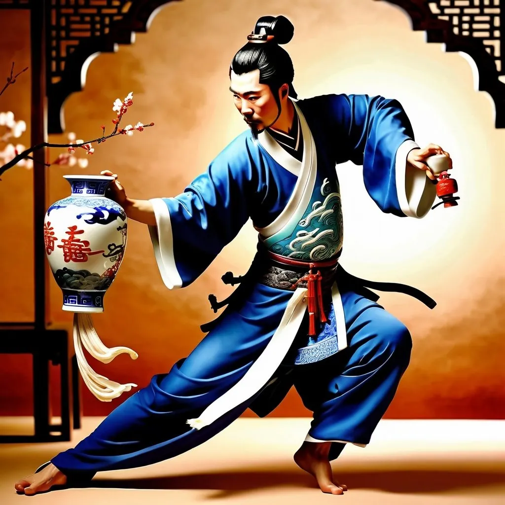 Prompt: Wuxia warrior consuming wine from a porcelain vase, intricate traditional attire, flowing robes, hairpin ornament, intense expression, ancient Chinese setting, dynamic action pose, high quality, traditional Chinese painting, rich warm tones, dramatic lighting, detailed facial features, ornate porcelain vase, dynamic movement, warrior spirit, action-packed scene