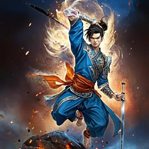 Prompt: Ancient Vietnamese-Southern Chinese Song warrior in wuxia manhua illustration style, detailed traditional armor with intricate patterns, flowing silk robes, ornate weaponry, intense battle stance, dynamic action pose, vibrant and rich color palette, atmospheric lighting, high quality, detailed linework, intense battle scene, fantasy, wuxia, manhua, warrior, traditional armor, ornate weaponry, vibrant colors, dynamic pose, atmospheric lighting, detailed linework