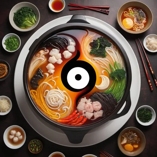 Prompt: Giant yin yang hotpot, steaming broth with swirling patterns, oversized ingredients, vibrant and aromatic, high quality, digital art, food illustration, warm tones, dramatic lighting, ultra-detailed, savory aroma, yin yang symbol, artistic rendering, mouthwatering, rich and vibrant colors, mesmerizing visual feast, intricate ingredients, attention to detail, delicious display, visually stunning, inviting warmth