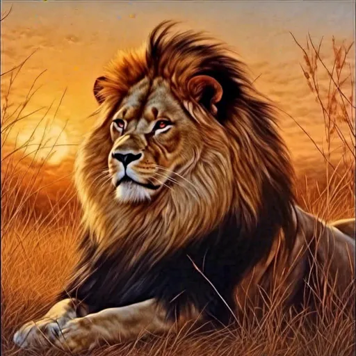Prompt: Majestic Majestic <mymodel>lion in a golden savanna, oil painting, vibrant sunset, realistic fur details, intense gaze, warm tones, high quality, ultra-realistic, oil painting, wildlife, golden savanna, detailed mane, powerful presence, warm lighting