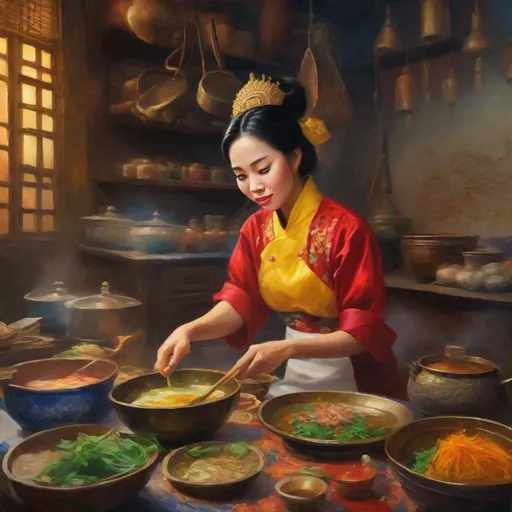 Prompt: Ancient scenario of royal family cooking, where Mid 30 queen cooking Vietnamese culinary cuisines, oil painting, traditional Vietnamese kitchen, vibrant colors, detailed facial features, high quality, realistic, warm tones, traditional, detailed hands, focused expression, cultural, atmospheric lighting