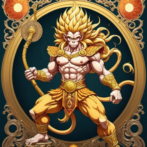 Prompt: Super Monkey King in Super Saiyan form, art nouveau style, intricate linework, golden aura, ethereal background, flowing ornate details, vibrant colors, majestic stance, regal expression, detailed hair and fur, elegant and graceful, high quality, exquisite, art nouveau, Super Monkey King, Super Saiyan, ornate linework, golden aura, vibrant colors, regal expression, majestic stance