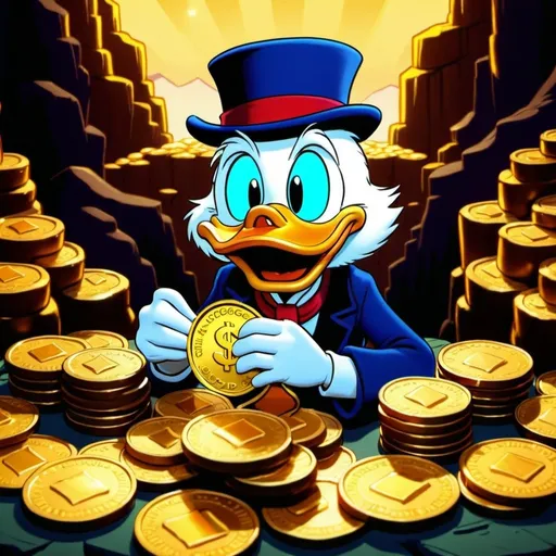 Prompt: Scrooge McDuck and his gold coins mountain in his vault, traditional 2D animation, detailed money bags and coins, rich color palette, warm lighting, classic cartoon style, nostalgic, high quality, vibrant colors, classic animation, detailed facial expressions, traditional animation, rich and warm tones, nostalgic lighting