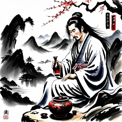Prompt: Carefree wuxia warrior bachelor's enjoying a drink, Chinese wine pouring from a porcelain vase, traditional Chinese ink painting, flowing robes and hair, serene mountain setting, high quality, detailed ink painting, wuxia, traditional, carefree, flowing robes, serene, peaceful, tranquil, detailed hair, mountain setting, professional, artistic lighting
