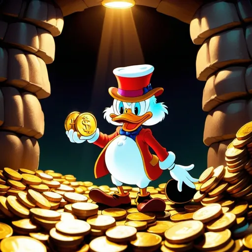 Prompt: Scrooge McDuck and his gold coins mountain in his vault, traditional 2D animation, detailed money bags and coins, rich color palette, warm lighting, classic cartoon style, nostalgic, high quality, vibrant colors, classic animation, detailed facial expressions, traditional animation, rich and warm tones, nostalgic lighting