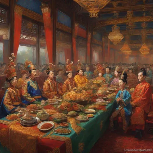 Prompt: The Vietnamese emperor's banquet, traditional oil painting, opulent royal court setting, vibrant traditional costumes, rich and detailed cultural decorations, high quality, realistic, opulent, traditional oil painting, vibrant colors, warm lighting, opulent feast, detailed table settings, grand cultural display, regal ambiance, intricate culinary details, lavish royal attire, rich and vibrant color palette, realistic textures, ornate embellishments, traditional Vietnamese decor, majestic lighting