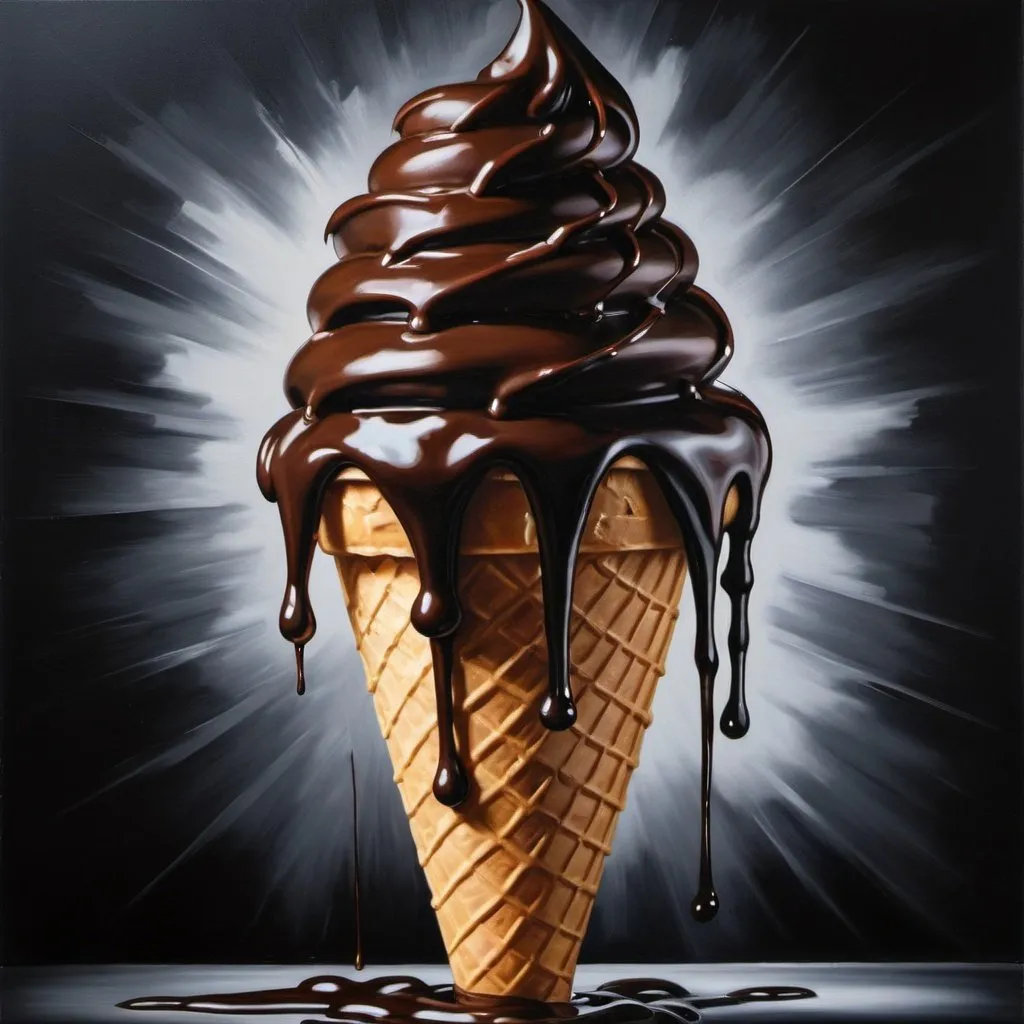 Prompt: Giant noir ice cream cone, realistic oil painting, melting chocolate drizzle, rich and luxurious, high quality, detailed, oil painting, realistic, decadent, dark tones, dramatic lighting