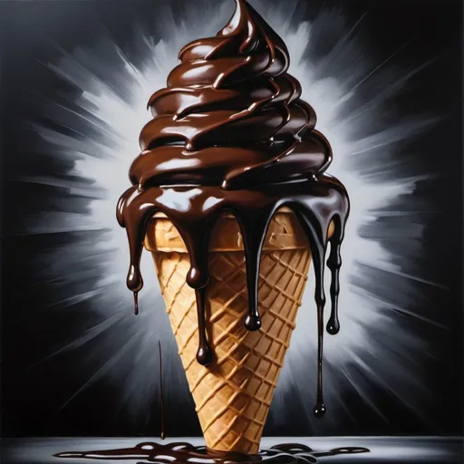 Prompt: Giant noir ice cream cone, realistic oil painting, melting chocolate drizzle, rich and luxurious, high quality, detailed, oil painting, realistic, decadent, dark tones, dramatic lighting